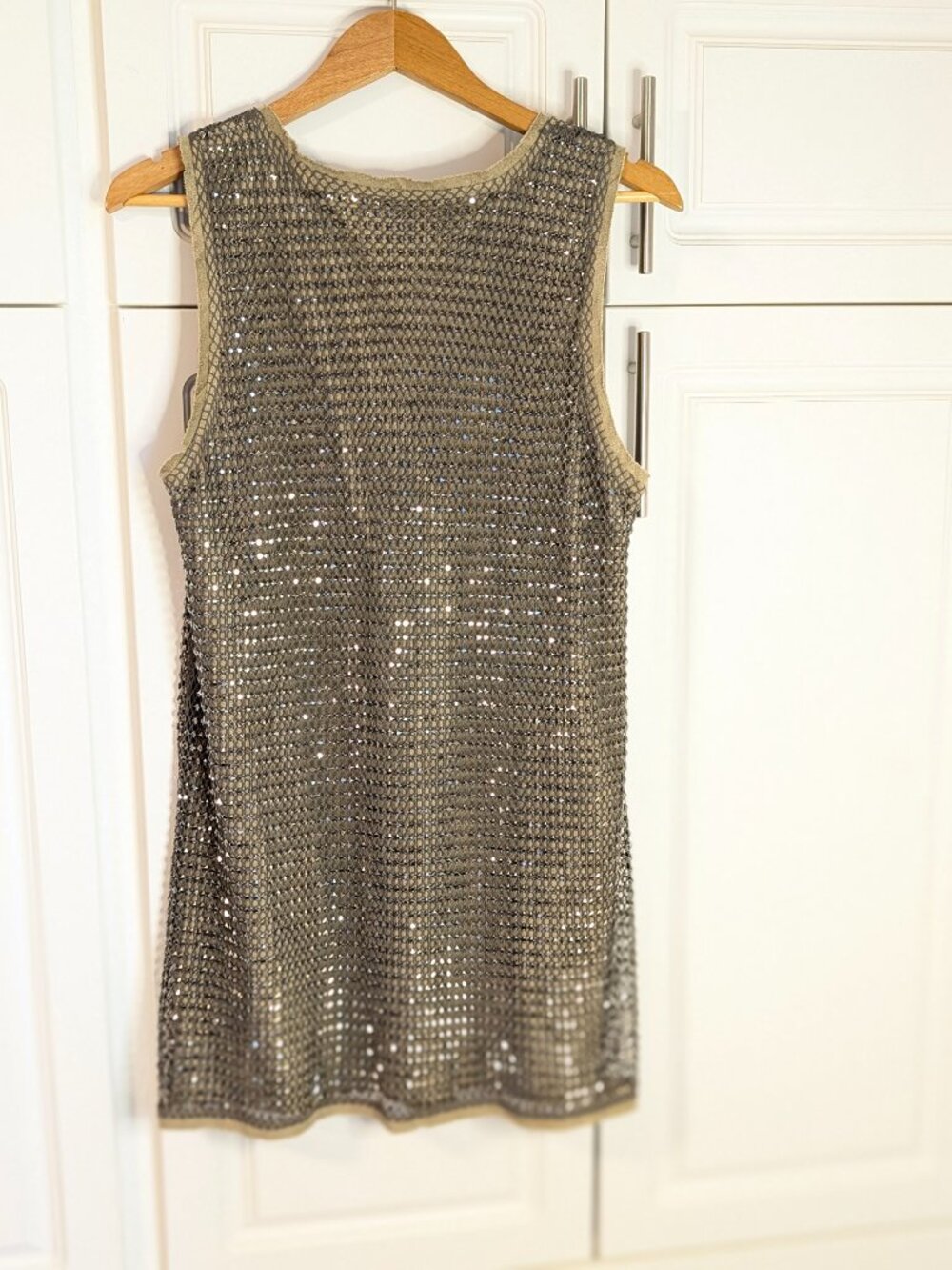 Zara Studded Mesh Khaki Mini Dress Sleeveless Shift L ZW Collection Modern Glam - Picture 6 of 15